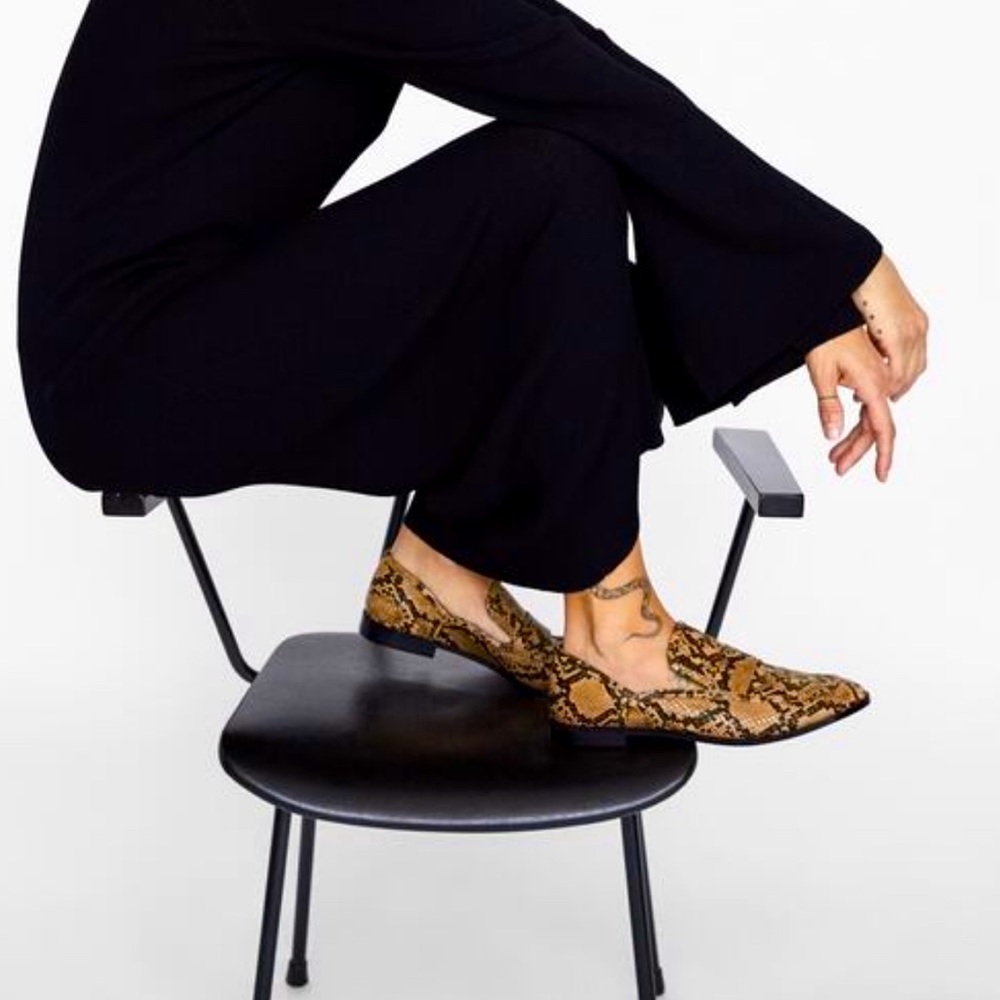 Snake-Print Pointed Toe Loafers - Brown